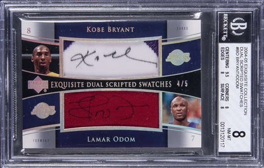2004-05 UD "Exquisite Collection" Dual Scripted Swatches #BO Kobe Bryant/Lamar Odom Dual Signed Patch/Jersey Card (#4/5) - BGS NM-MT 8/BGS 9